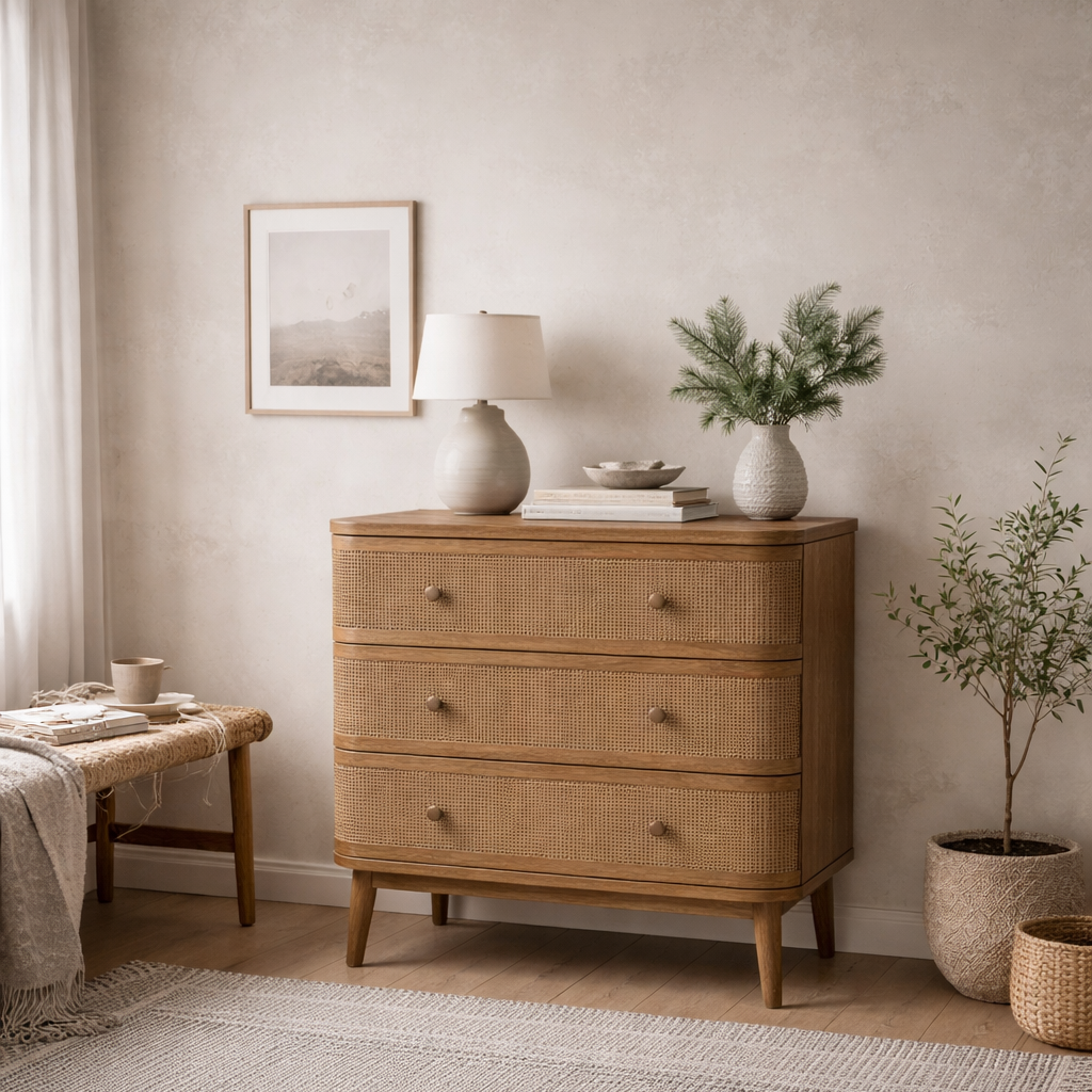 Pasadena Natural Wood and Rattan Storage Chest 3 Drawers