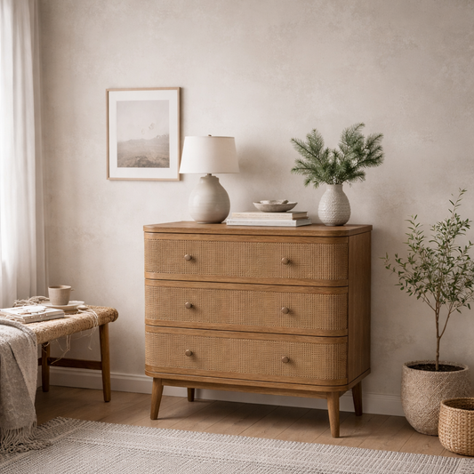 Pasadena Natural Wood and Rattan Storage Chest 3 Drawers