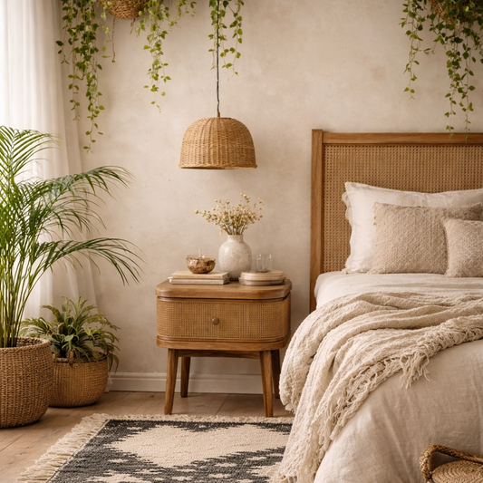 Pasadena Natural Wood and Rattan Bedside Table 1 Drawer