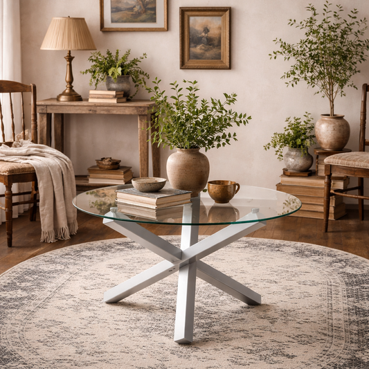 San Sebastian Clear Glass and Silver Metal Round Dining Table 4 Seater