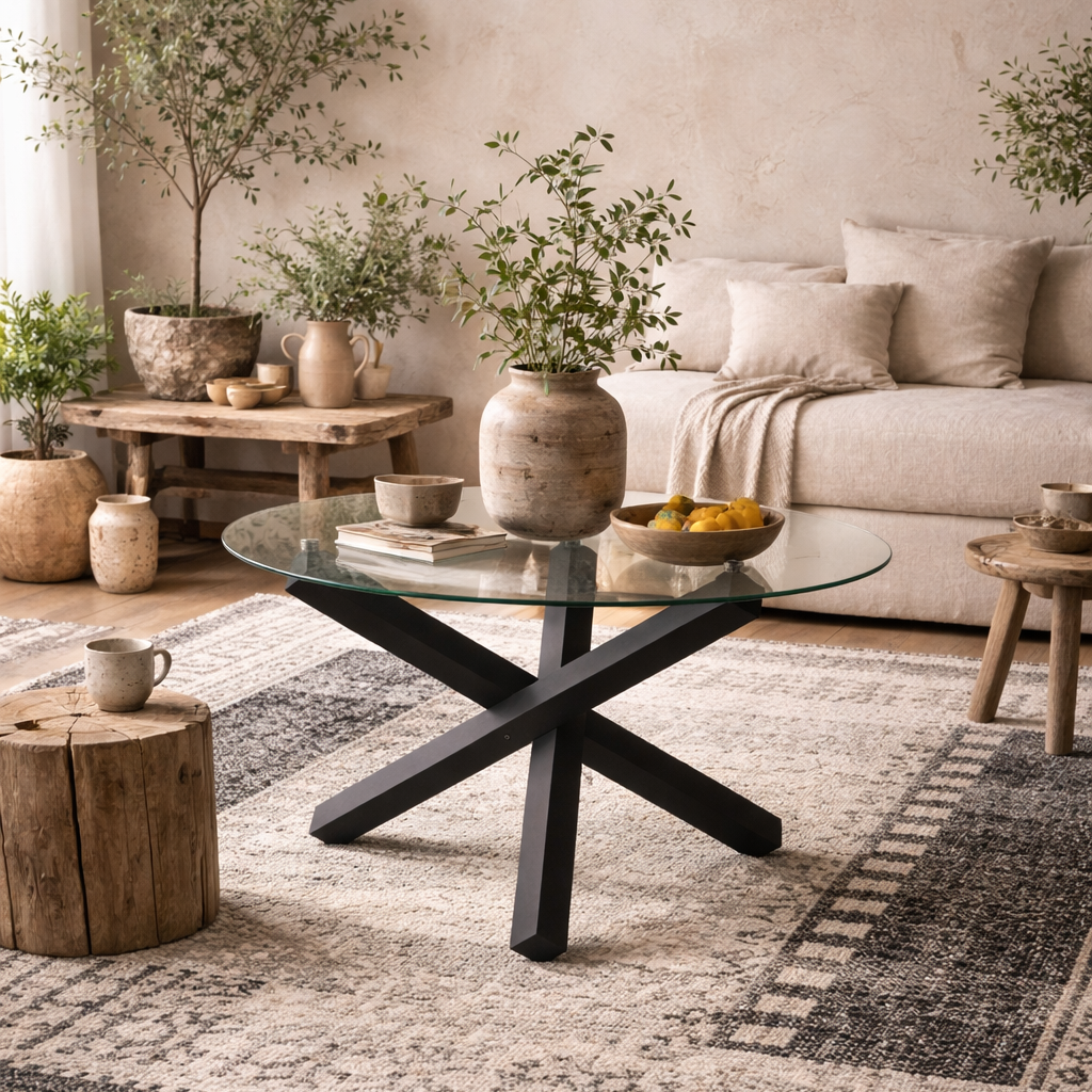 San Sebastian Clear Glass and Black Metal Round Dining Table 4 Seater