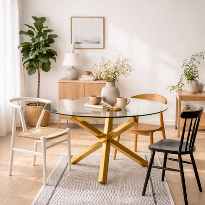 San Sebastian Clear Glass and Gold Metal Round Dining Table 4 Seater