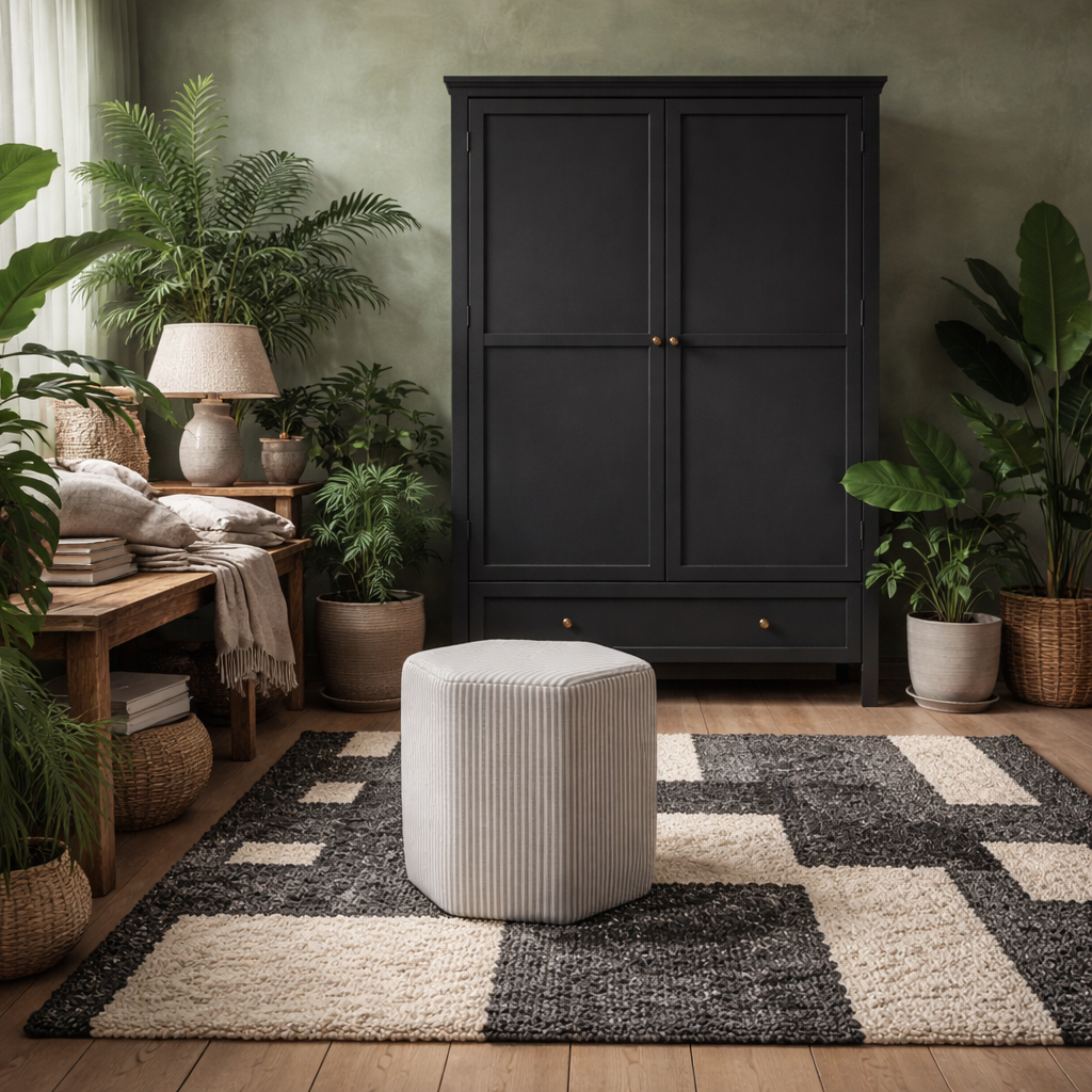 Isabella Grey and White Stripe Upholstered Stool Hexagon Stool