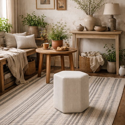 Isabella Cream and White Stripe Upholstered Stool Hexagon Stool