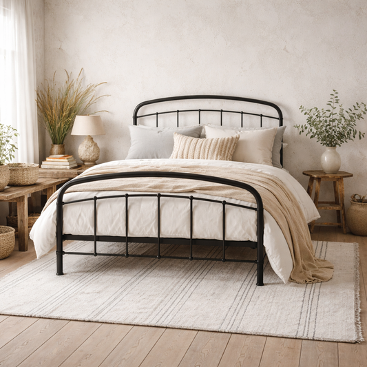 France Black Metal 5ft King Size Black Bed with Headboard and Footboard