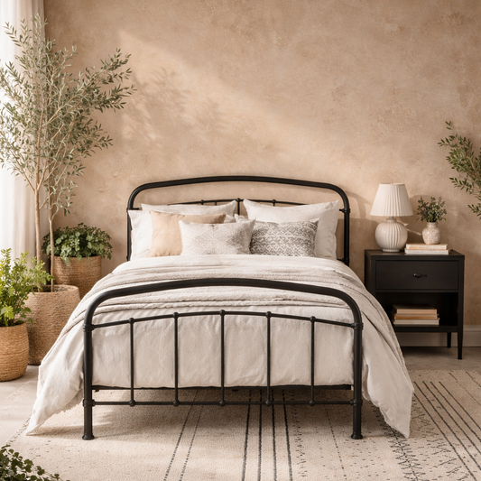 France Black Metal 4ft6 Double Size Black Bed with Headboard and Footboard