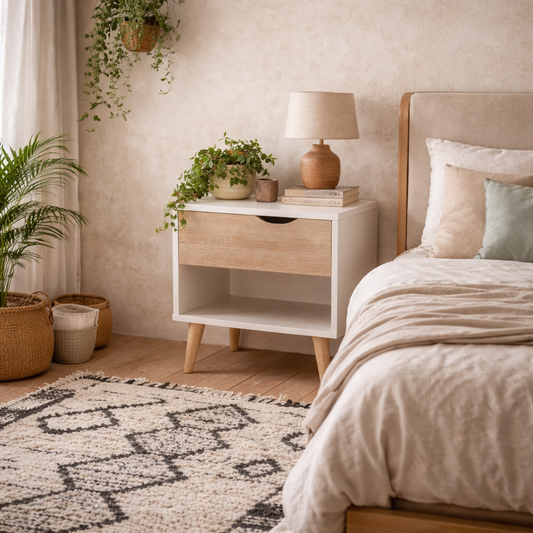 Skerries 1 Drawer Bedside White and Natural Oak Wood Bottom Shelf