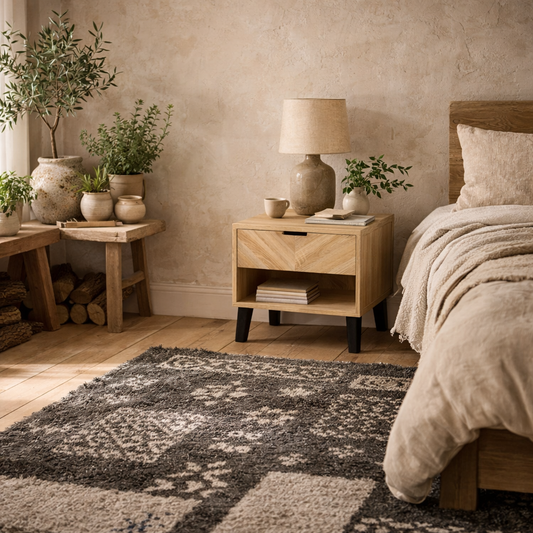 Skerries Chevron 1 Drawer Bedside Cabinet Natural Oak Wood Bottom Shelf