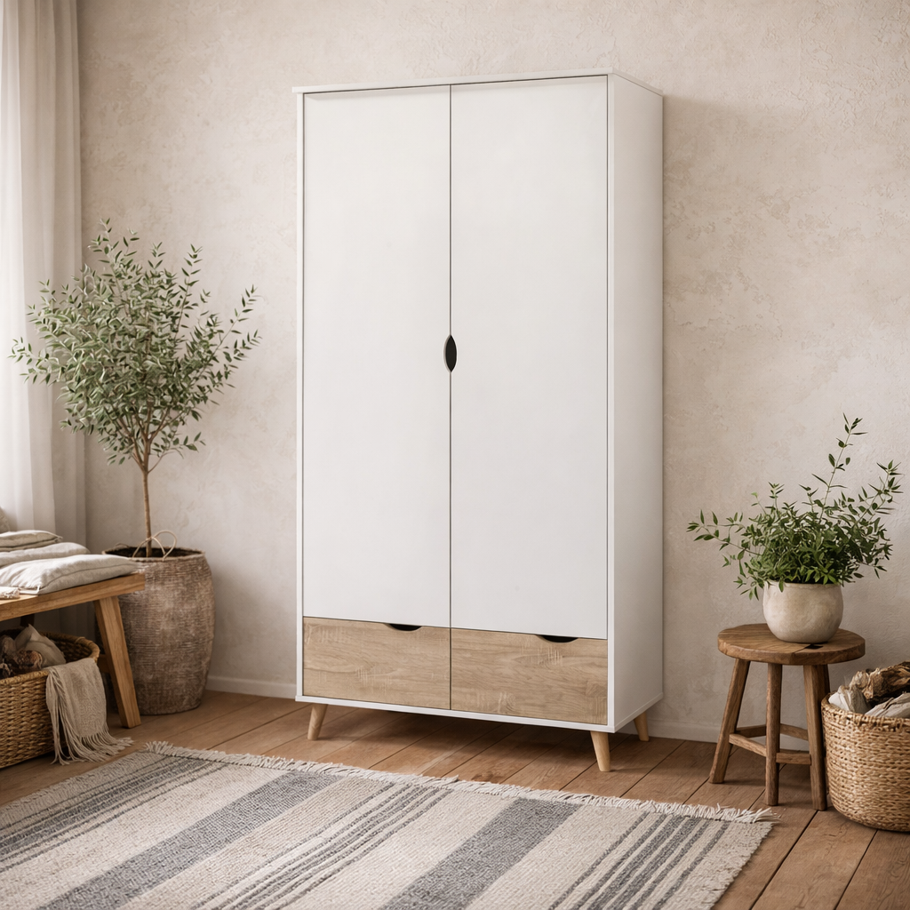 Skerries 2 Door Wardrobe White and Natural Oak Wood