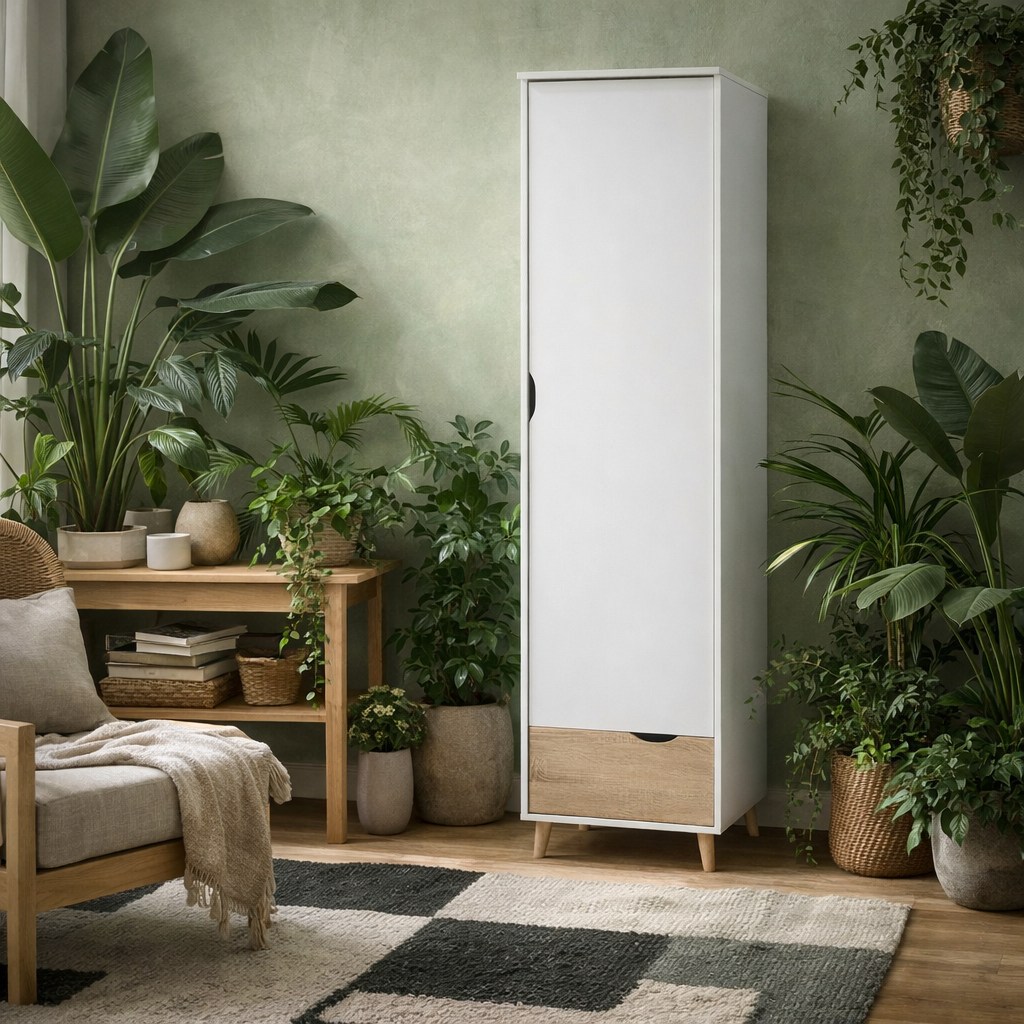 Skerries 1 Door Wardrobe White and Natural Oak Wood