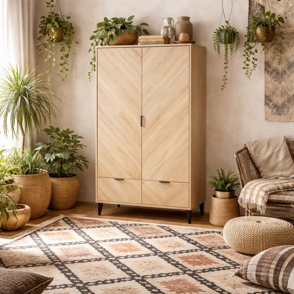 Skerries 2 Door Chevron Wardrobe Natural Oak Wood 2 Drawers