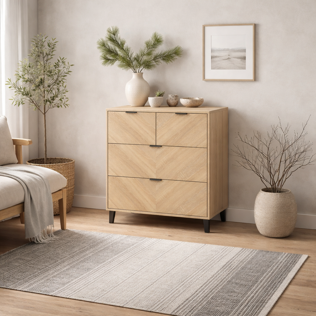 Skerries Chevron 4 Drawer Storage Chest Natural Oak Wood