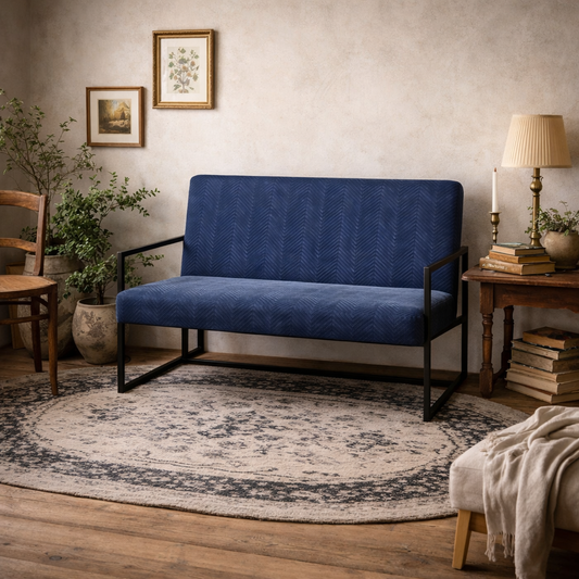 London Blue Velvet 2 Seater Sofa Black Metal Legs