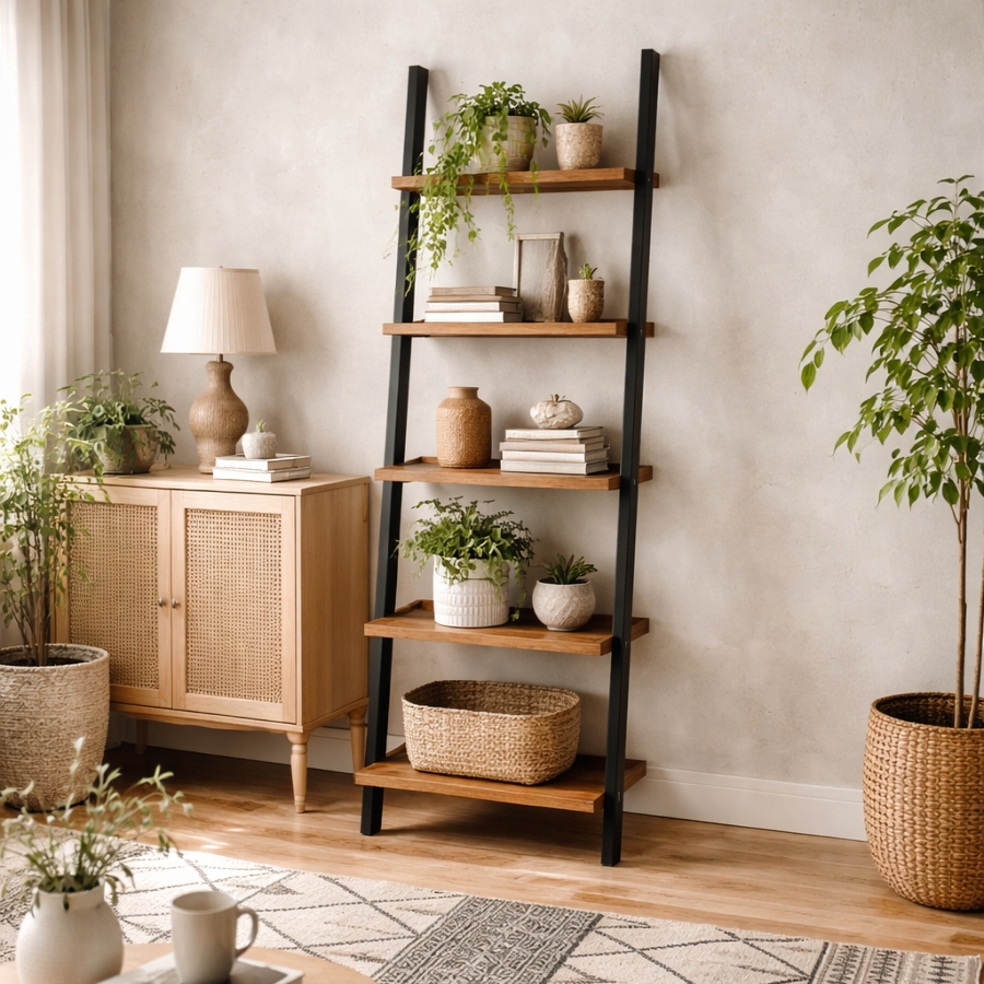 Dundalk Ladder 5 Shelves Natural Oak Wood and Black Metal