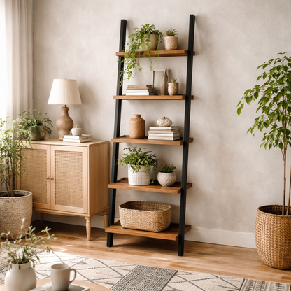 Dundalk Ladder 5 Shelves Natural Oak Wood and Black Metal