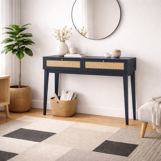 Waterford Blue  Oak Wood and Rattan Blue Dressing Table 2 Drawers