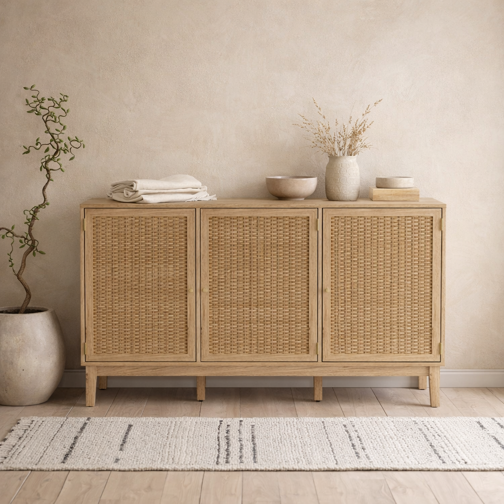 Waterford Oak Wood and Rattan Large Sideboard 3 Drawers