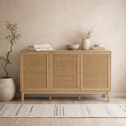 Waterford Oak Wood and Rattan Large Sideboard 3 Drawers