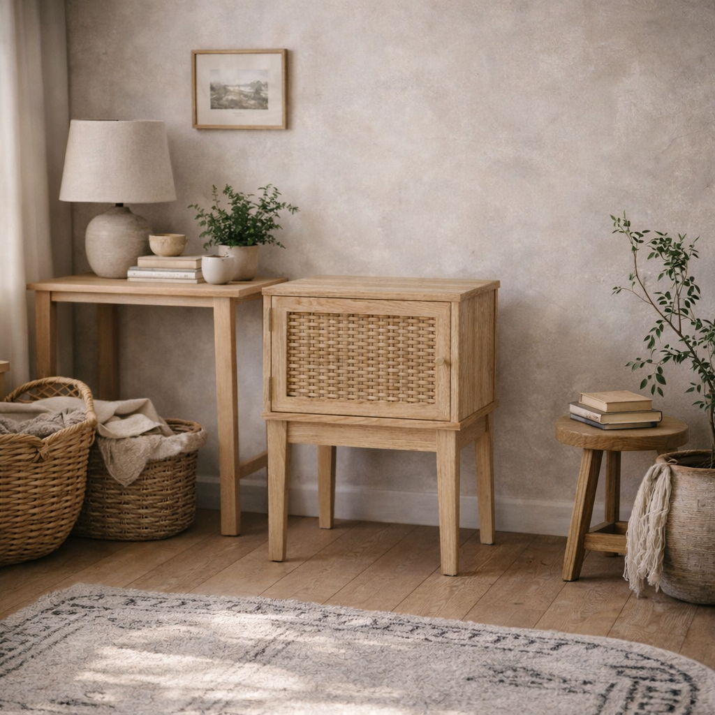 Waterford Oak Wood and Rattan Bedside Table 1 Door