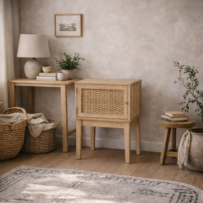 Waterford Oak Wood and Rattan Bedside Table 1 Door