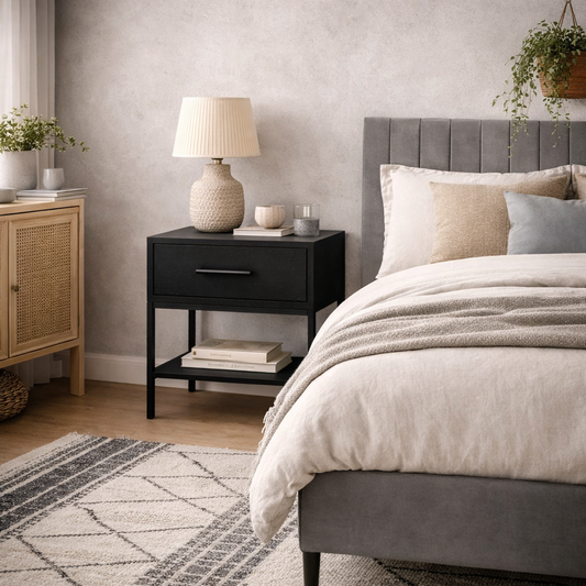 Katta Matt Black Wooden Bedside Table 1 Drawer Bottom Shelf