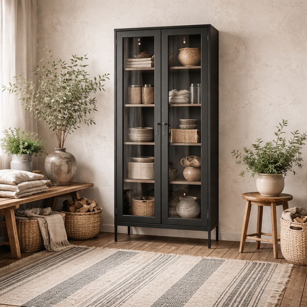 Barla Black Steel Metal Display Cabinet 2 Glass Doors