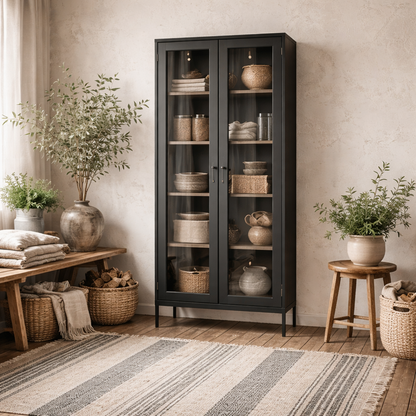 Barla Black Steel Metal Display Cabinet 2 Glass Doors