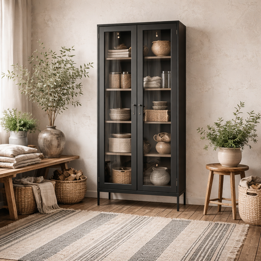 Barla Black Steel Metal Display Cabinet 2 Glass Doors