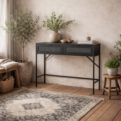 Barla Black Steel Metal 2 Reeded Glass Doors Console Table