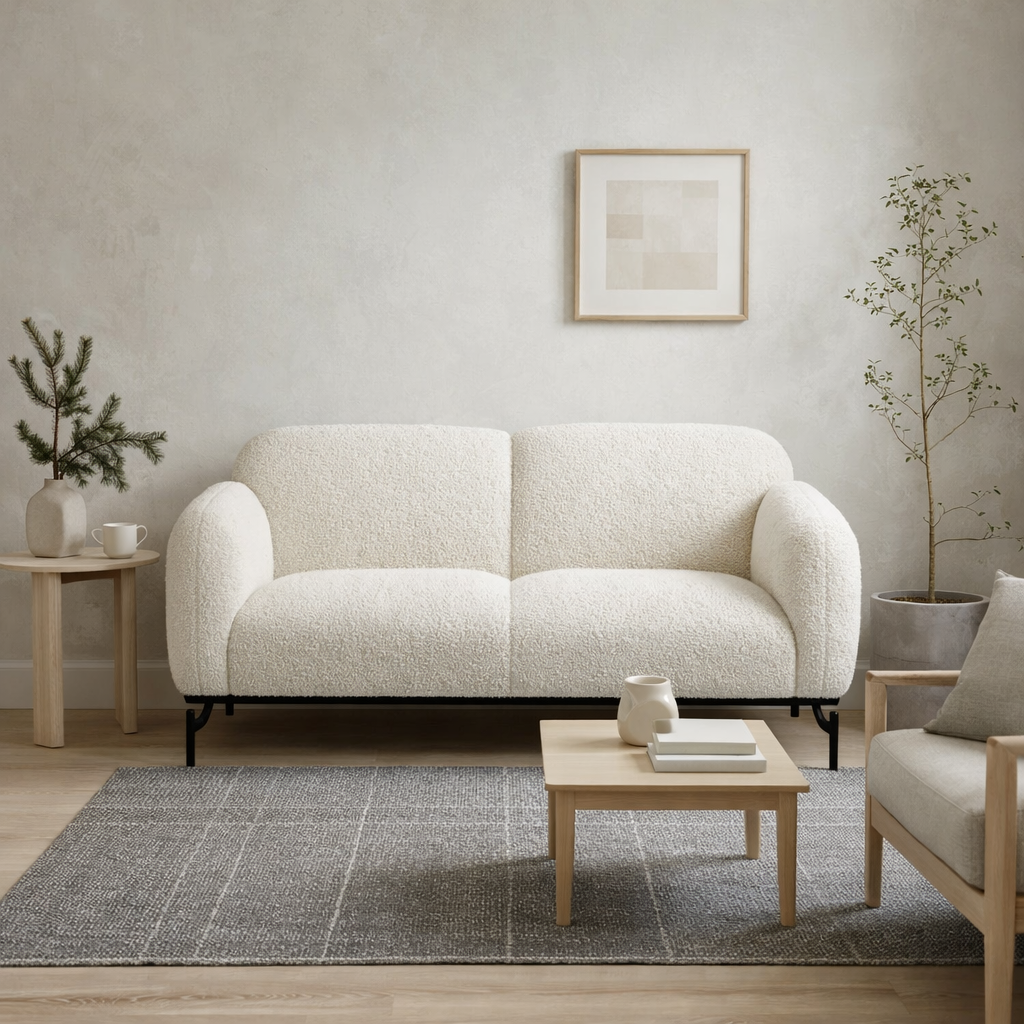 Samba White Boucle Teddy 2 Seater Sofa Black Metal Legs