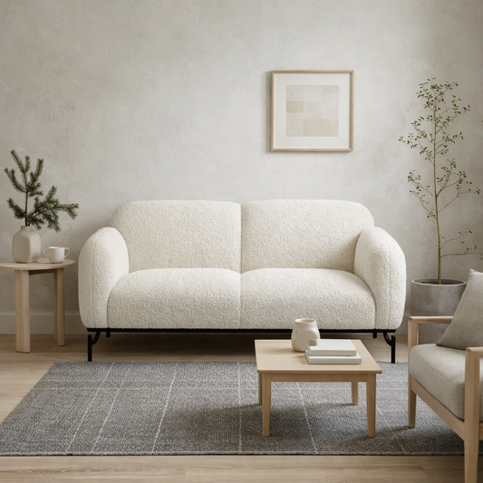 Samba White Boucle Teddy 2 Seater Sofa Black Metal Legs