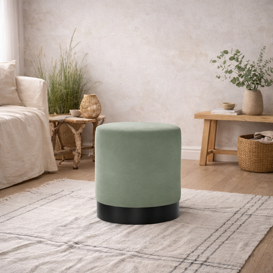 Kalua Small Sage Green Round Velvet Stool Matt Black Base