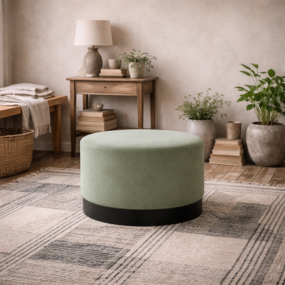 Kalua Large Sage Green Round Velvet Stool Matt Black Base