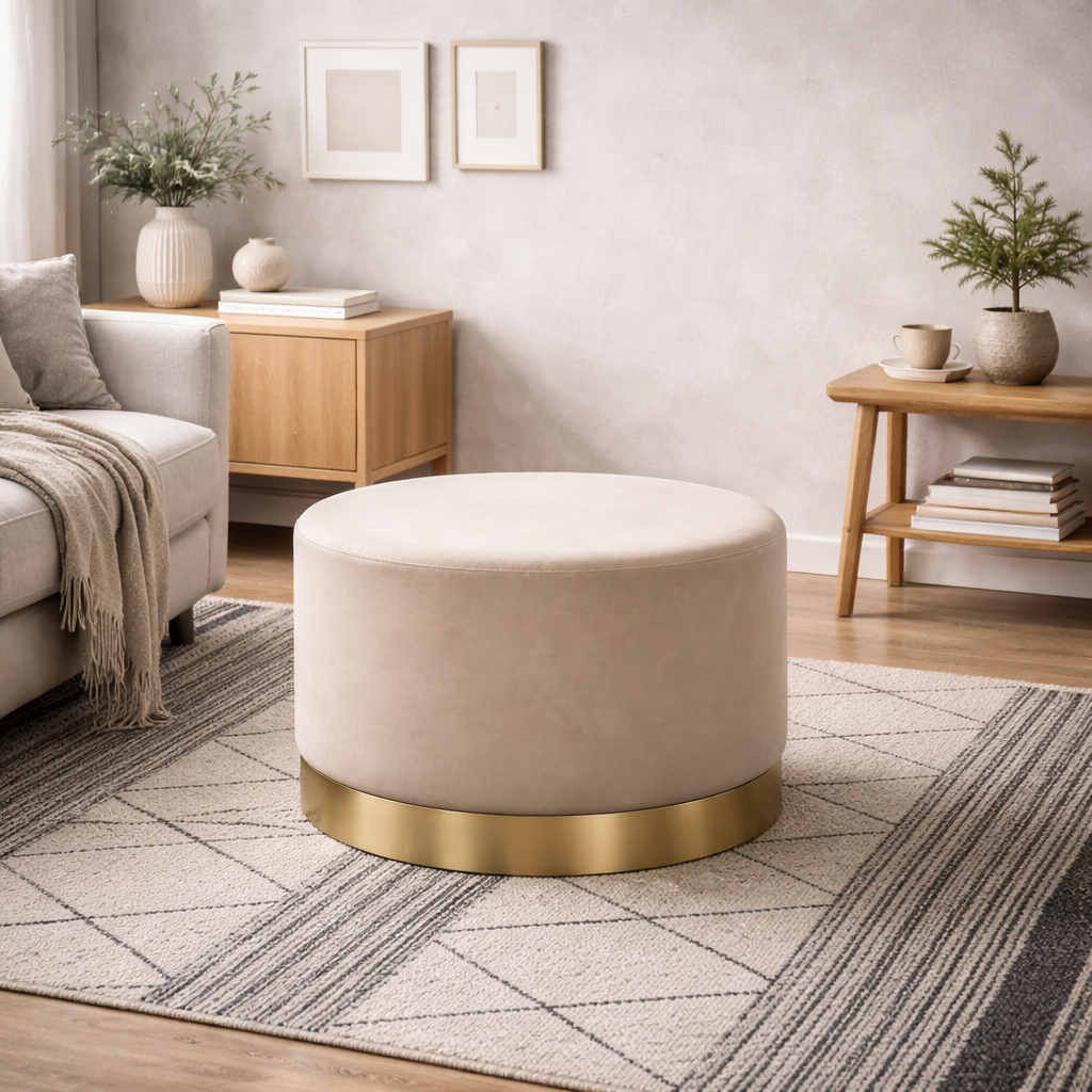 Kalua Large Beige Velvet Stool Gold Base