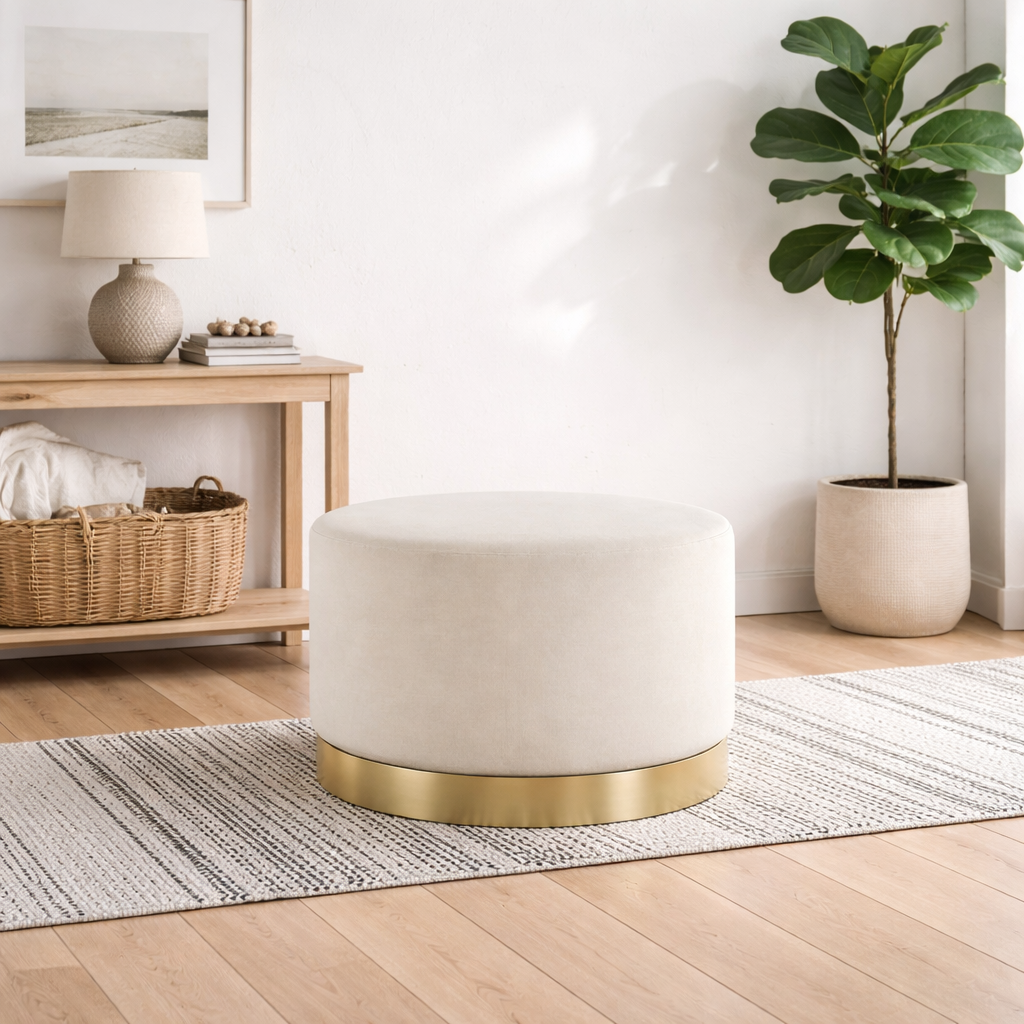Kalua Large Cream Velvet Stool Gold Base
