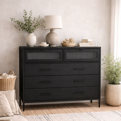 Lou Matt Black Wood Reeded Storage Chest 5 Drawers