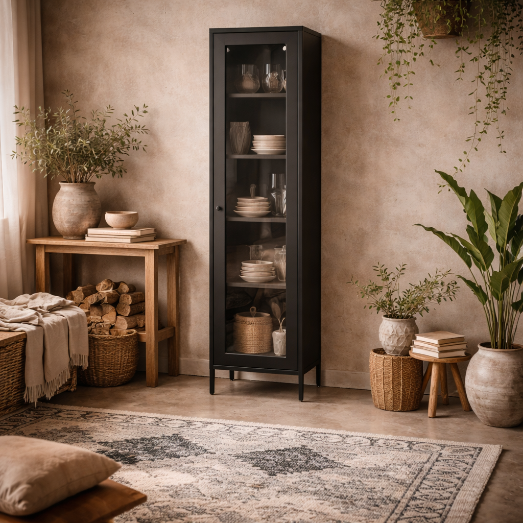 Frank Black Steel Cabinet Glass Door 4 Shelves