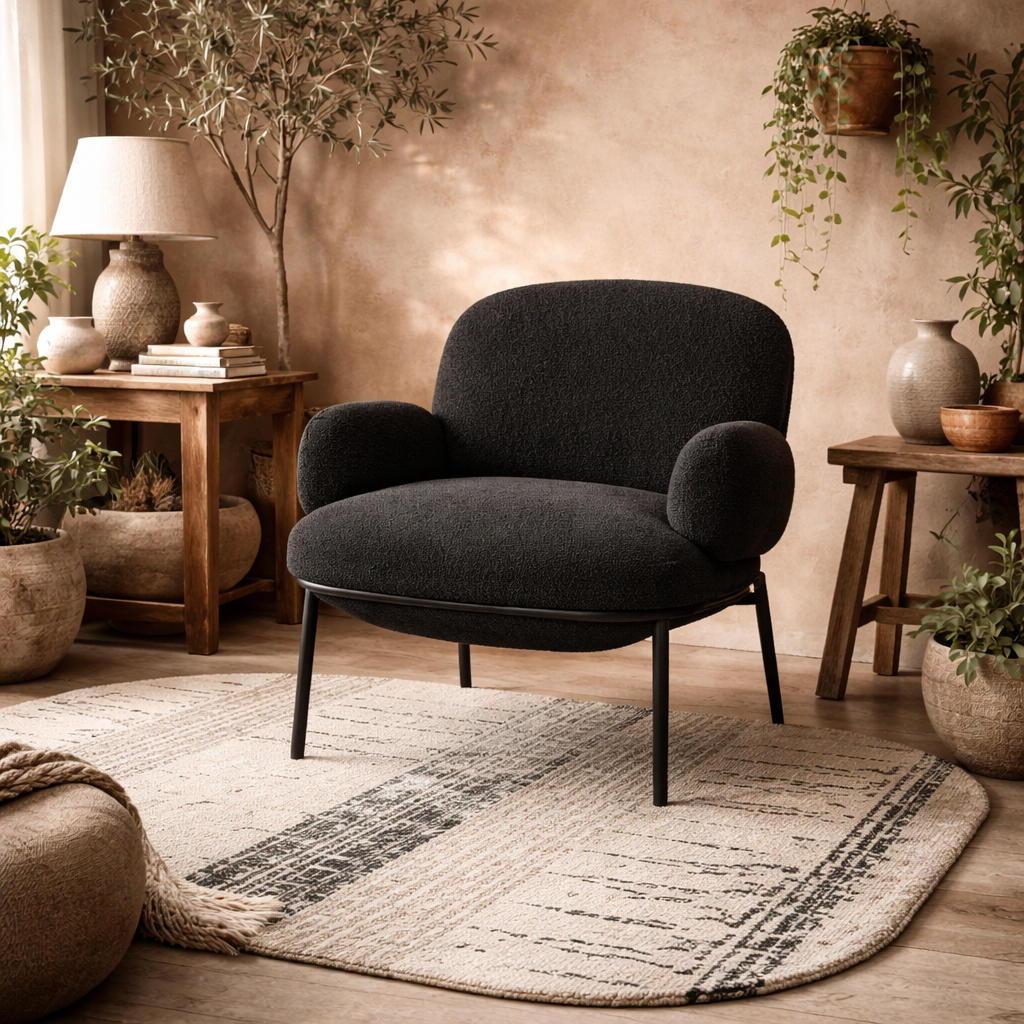 Tritta Curved Black Sherpa Boucle Chair Black Metal Legs