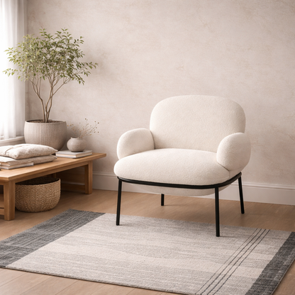 Tritta Curved Ivory Sherpa Boucle Chair Black Metal Legs