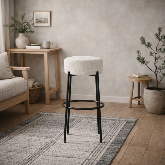 Tanji Ivory Boucle Round Bar Stool Black Metal Legs