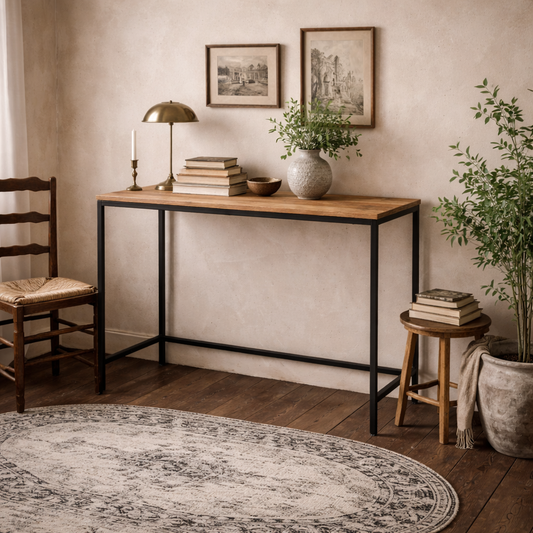 Lucan Oak Effect Distressed Desk Black Metal Legs