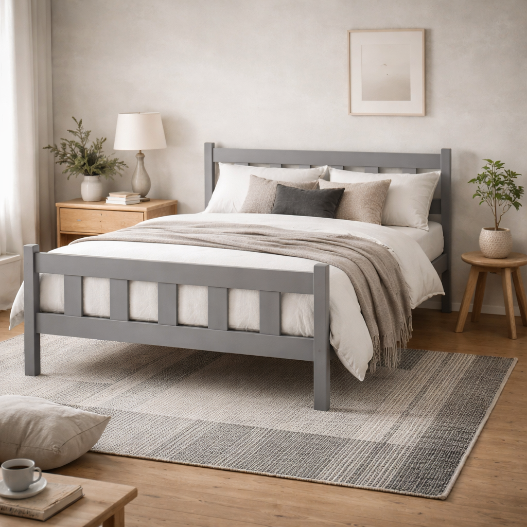 Tralee Grey Washed Wooden 4ft6 Double Bed with Panelled Headboard and Footboard