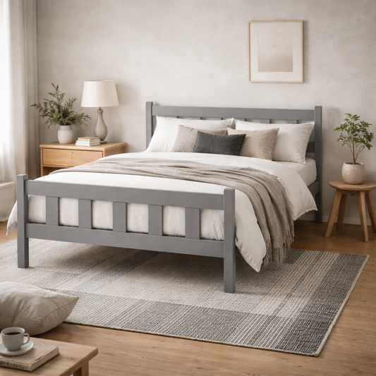 Tralee Grey Washed Wooden 4ft6 Double Bed with Panelled Headboard and Footboard