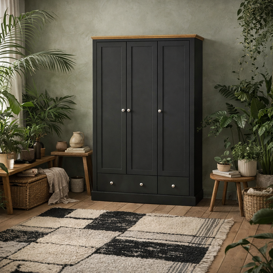 Ardee Dark Grey and Natural Oak Wooden 3 Door 2 Drawer Wardrobe