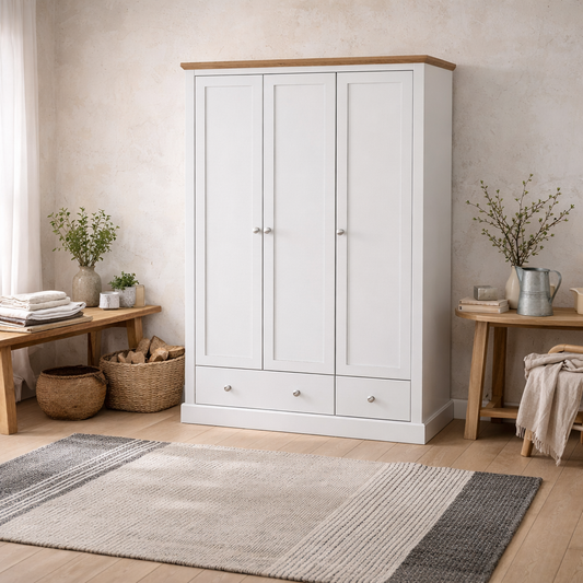 Ardee White and Natural Oak Wood Sliding Wardrobe 3 Drawers 2 Doors