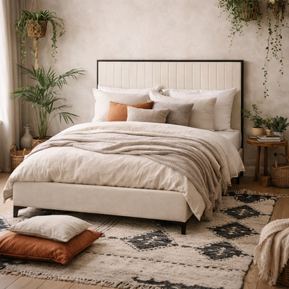 Killarney Cream and Black Upholstered 5ft King Size Bed with Tall Ribbed Headboard