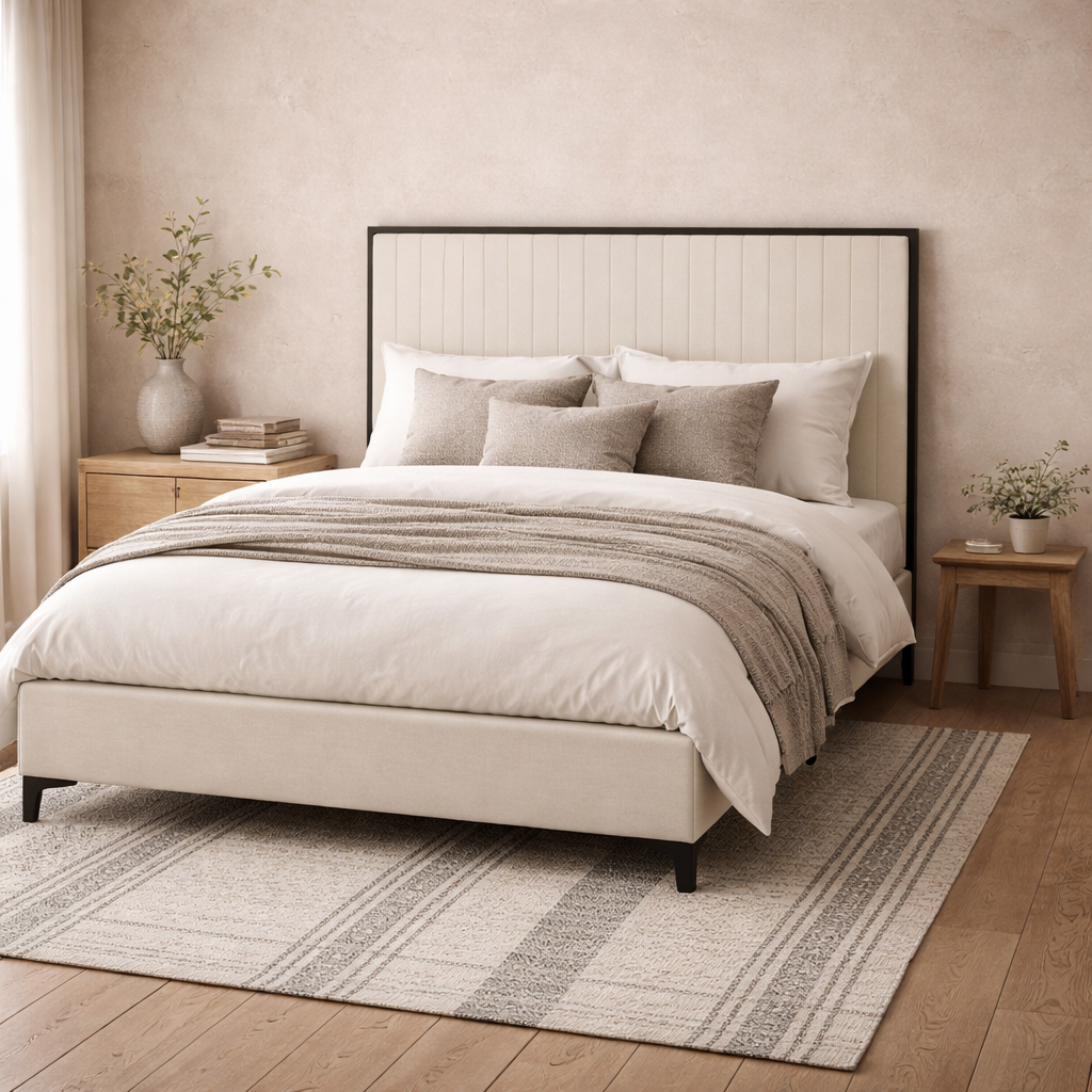A Killarney cream and black upholstered 6ft super king bed with a tall ribbed headboard is styled with white and beige bedding, gray accent pillows, light wood furniture, vases of plants, and a patterned rug on sunlit hardwood floors.
