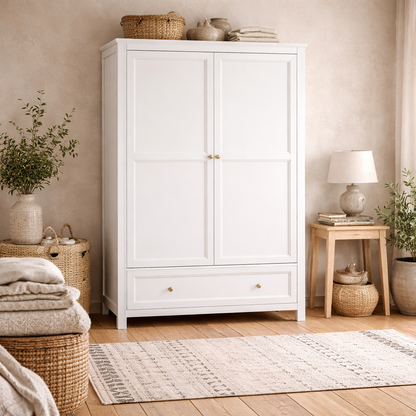 Tulle Panelled White Wood 2 Door Wardrobe 1 Drawer