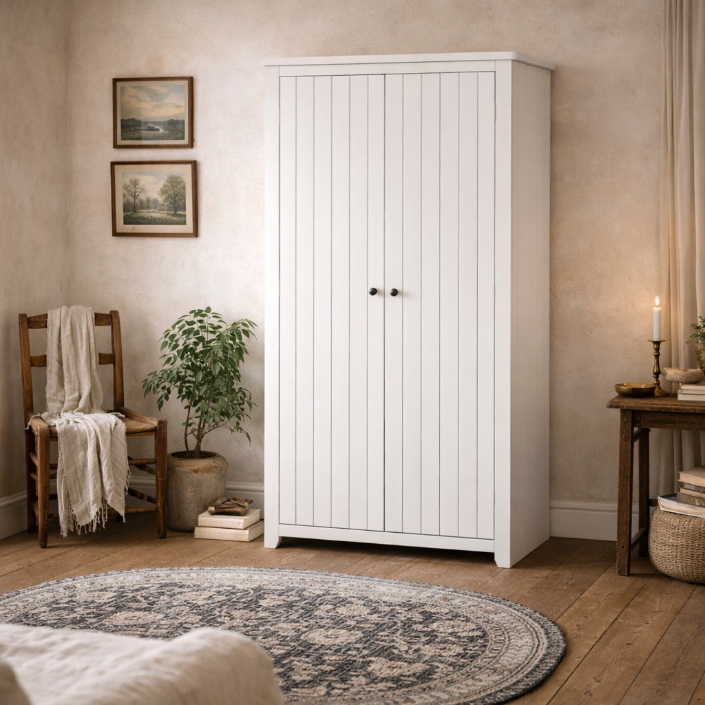 Tralee Panelled White Washed Wooden 2 Door Wardrobe