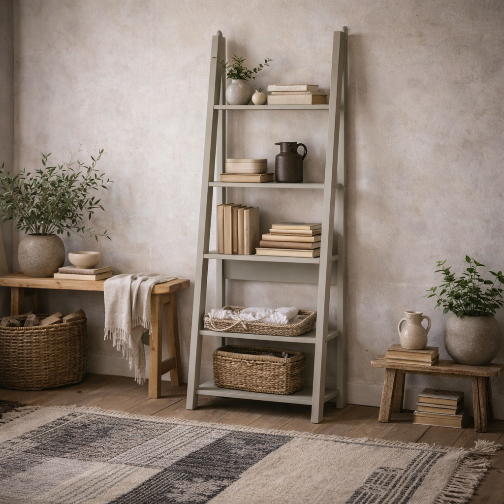Athy Grey Wooden Ladder Bookcase 5 Shelves